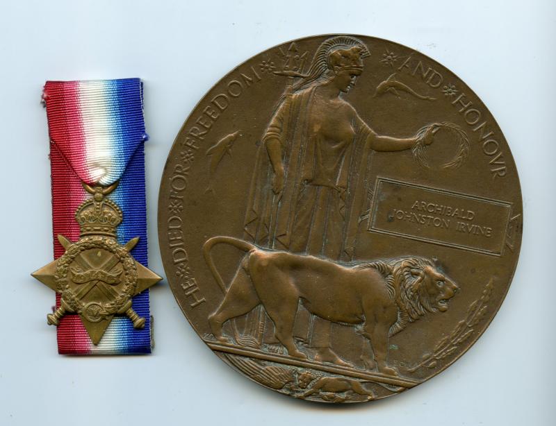 WW1 1914-15 Star Medal with Memorial Plague To Pte Archibald Johnston Irvine, 6th Bn., Royal Scots Fusiliers
