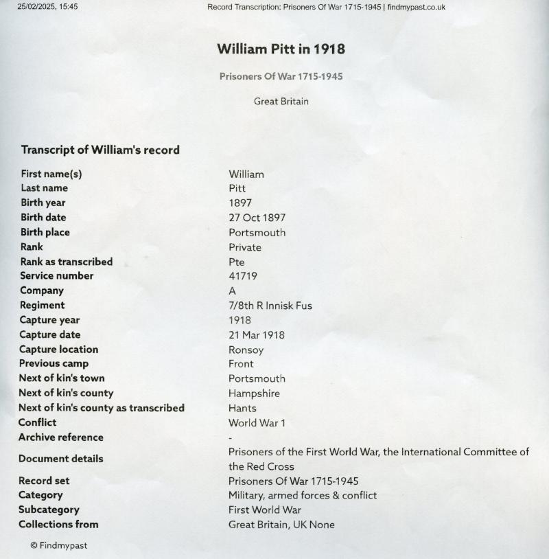 Victory Medal 1914-19 To Pte William Pitt, Somerset Light Infantry & Royal Inniskilling Fusiliers ( Prisoner of War)