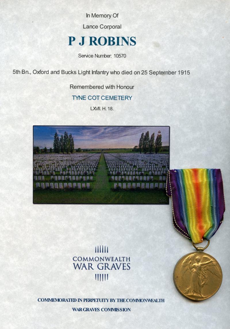 WW1 Victory Medal 1914-1919 To Pte Percy J Robins, 5th Bn., Oxford and Bucks Light Infantry