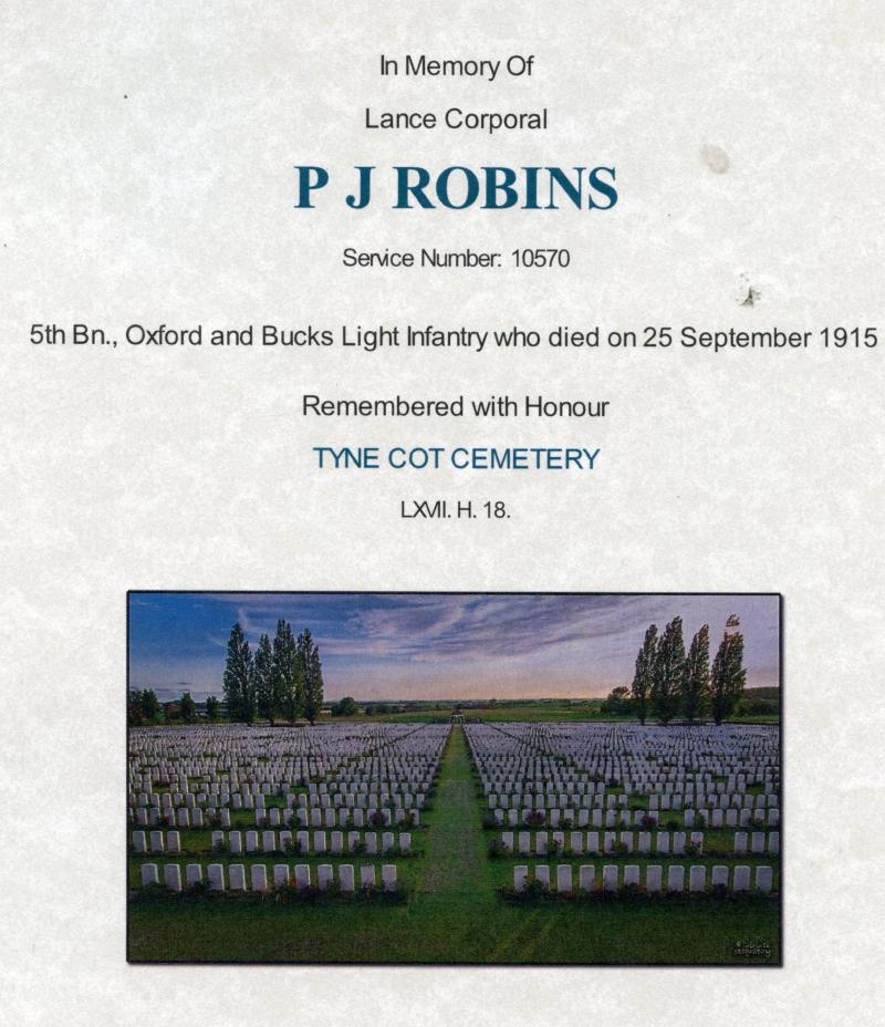 WW1 Victory Medal 1914-1919 To Pte Percy J Robins, 5th Bn., Oxford and Bucks Light Infantry