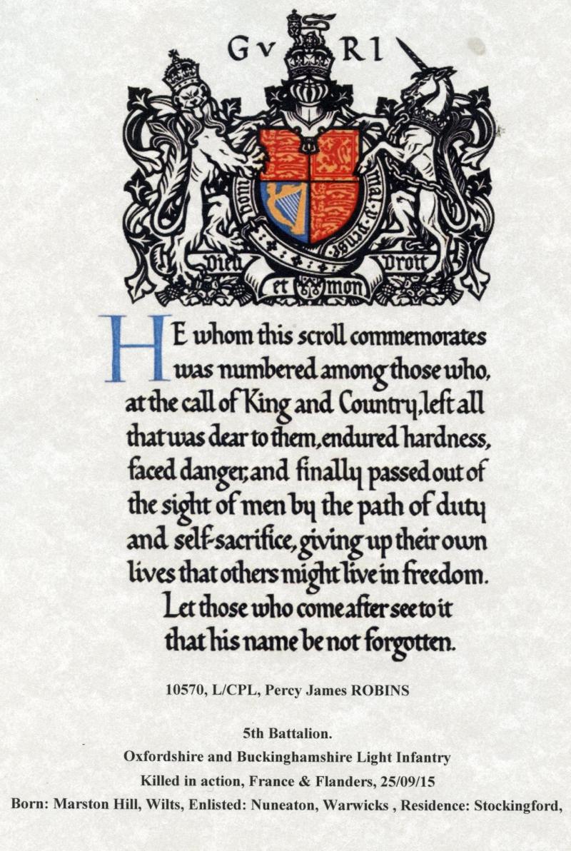 WW1 Victory Medal 1914-1919 To Pte Percy J Robins, 5th Bn., Oxford and Bucks Light Infantry