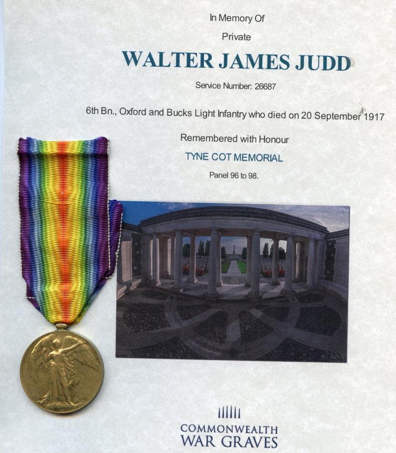 WW1 Victory Medal 1914-1919 To Pte William James Judd,Oxford and Bucks Light Infantry