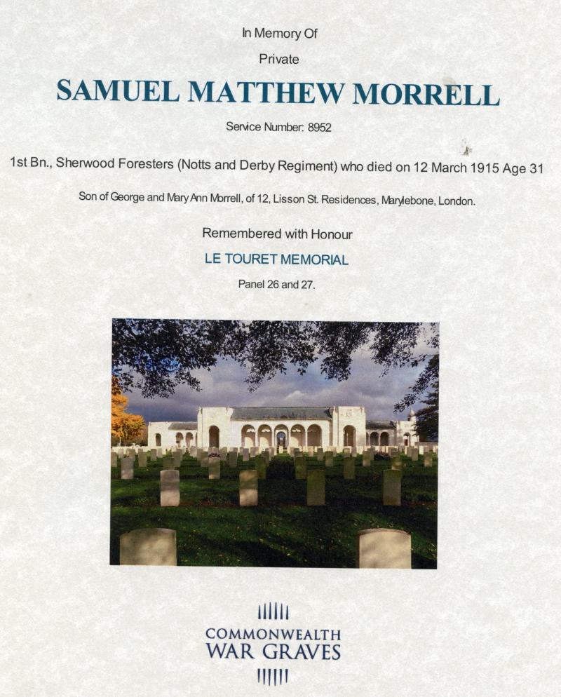 WW1 Victory Medal 1914-1919 To Pte Samuel Matthew Morrell, 1st Bn., Sherwood Foresters (Notts and Derby Regiment