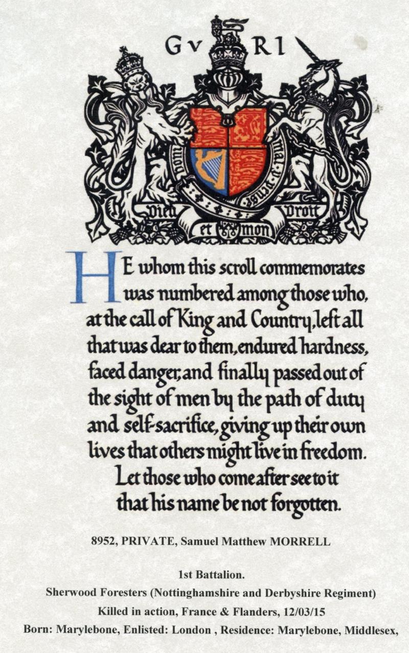 WW1 Victory Medal 1914-1919 To Pte Samuel Matthew Morrell, 1st Bn., Sherwood Foresters (Notts and Derby Regiment