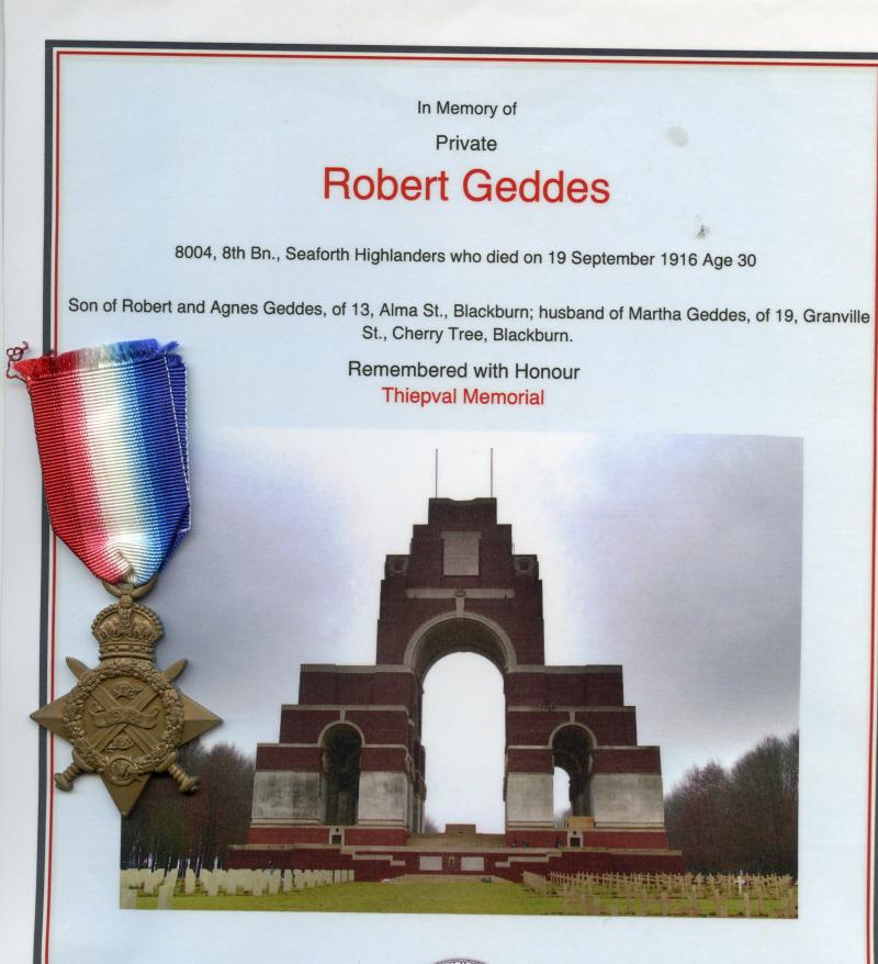 WW1 1914 Mons Star Medal To Pte Robert Geddes, 8th Bn., Seaforth Highlanders