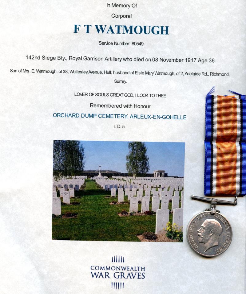 WW1 British War Medal 1914-18 To Cpl Thomas Watmough, 142nd Siege Bty., Royal Garrison Artillery