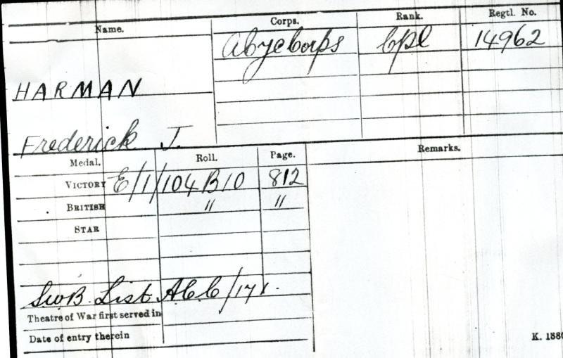 WW1 Victory Medal 1914-19 To Cpl Frederick John Harman, Army Cyclist Corps