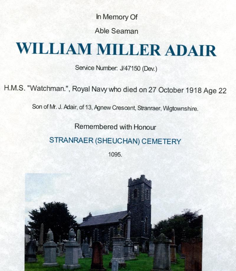 WW1 Memorial Plaque To William Miller Adair, Royal Navy HMS Watchman