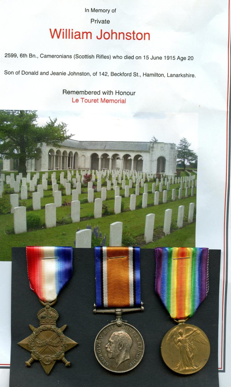 WW1 1914-15 Trio World War One Medals To Pte William Johnston, 6th Bn., Cameronians (Scottish Rifles)