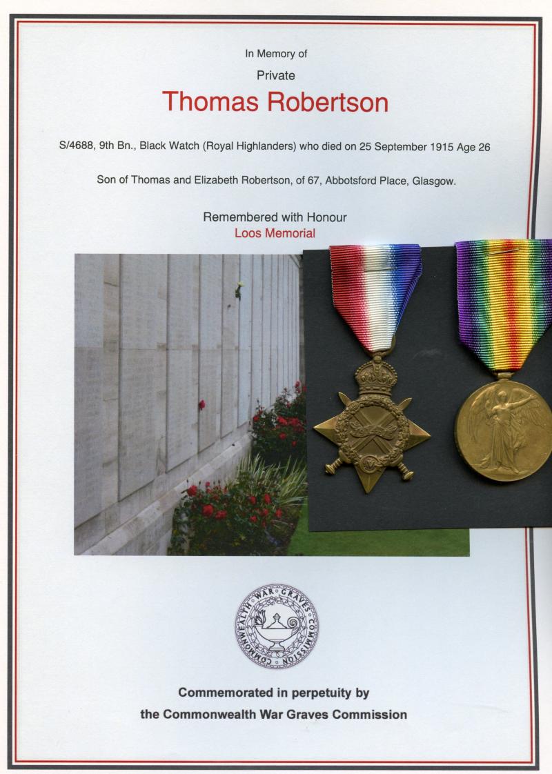 WW1 1914-15 Star & Victory Medal To Pte Thomas Robertson, 9th Bn., Black Watch (Royal Highlanders)