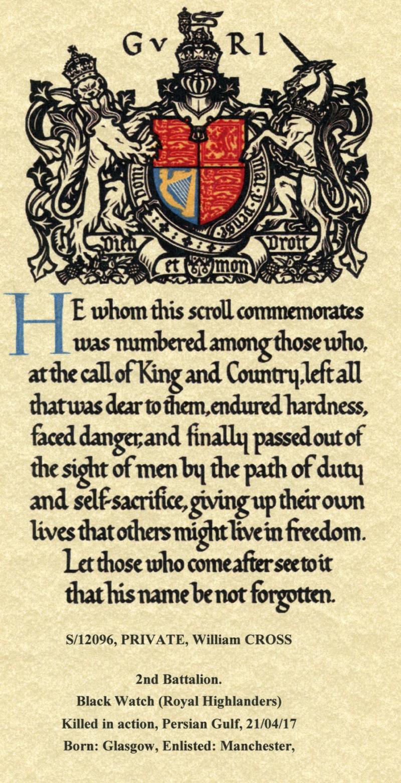 WW1 British War Medal 1914-18 To Pte William Cross 2nd Bn., Black Watch (Royal Highlanders)