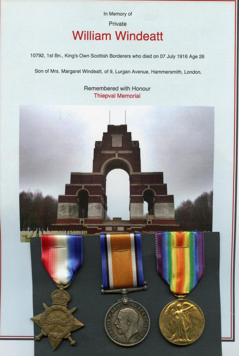 1914-15 Trio World War One Medals To Pte William Windeatt,1st Bn., King's Own Scottish Borderers