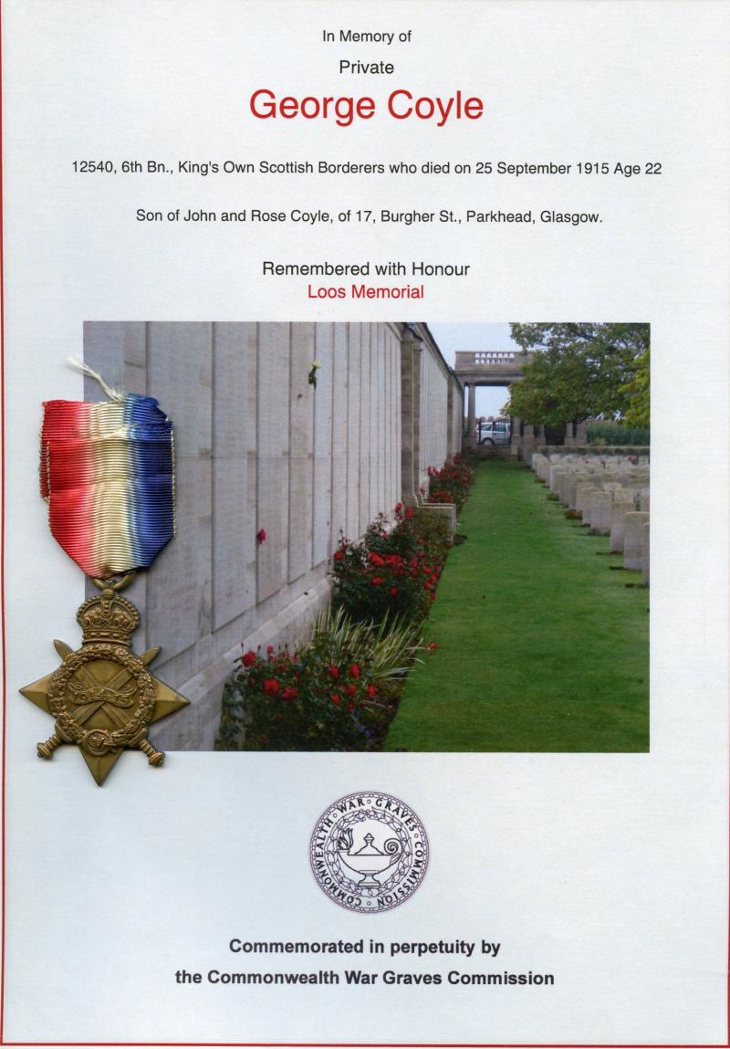 WW1 1914-15 Star Medal To Pte George Coyle 6th Bn., King's Own Scottish Borderers