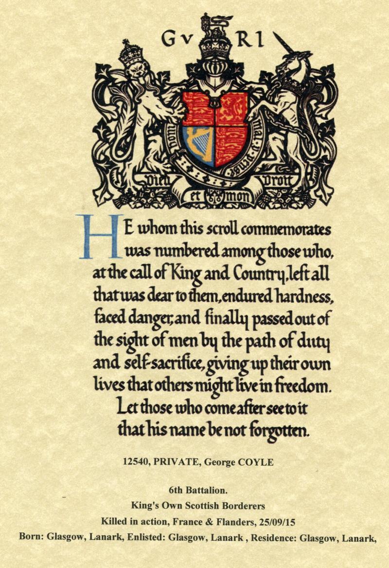 WW1 1914-15 Star Medal To Pte George Coyle 6th Bn., King's Own Scottish Borderers