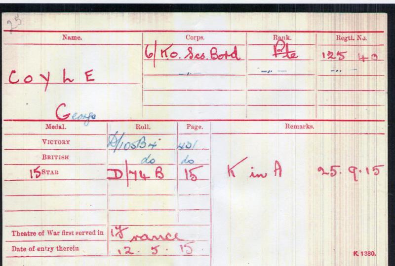 WW1 1914-15 Star Medal To Pte George Coyle 6th Bn., King's Own Scottish Borderers