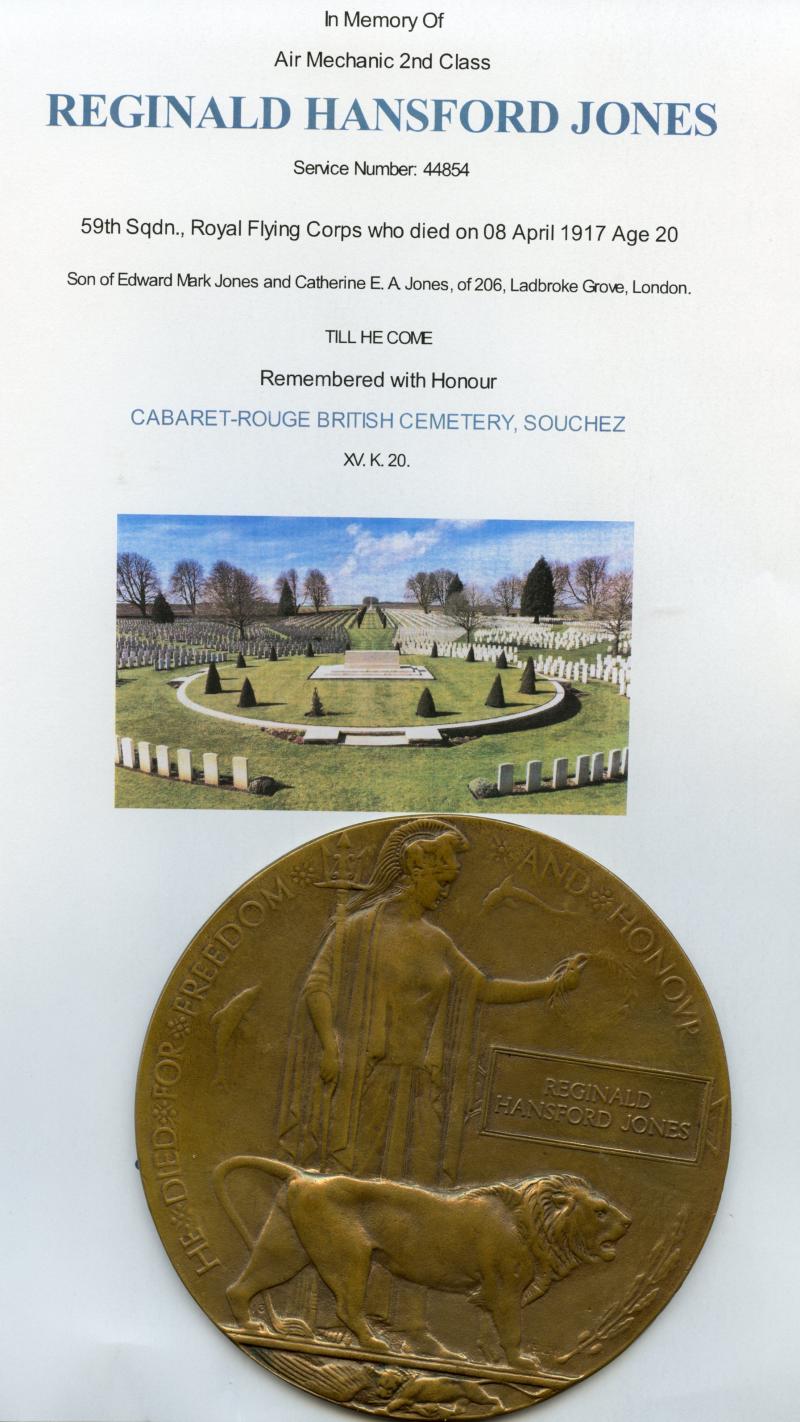 WW1 Memorial Plaque To Air Mechanic 2nd Class Observer Reginald Hansford Jones 59th Sqdn., Royal Flying Corps