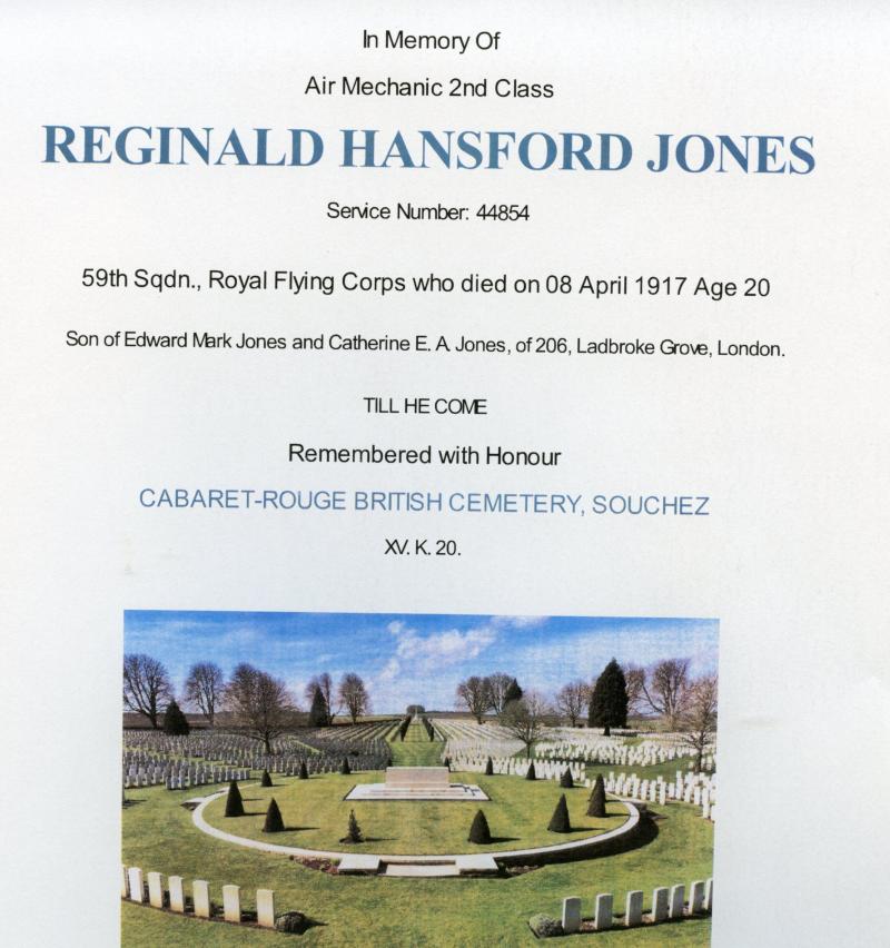 WW1 Memorial Plaque To Air Mechanic 2nd Class Observer Reginald Hansford Jones 59th Sqdn., Royal Flying Corps