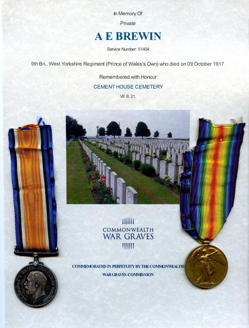 WW1 British War & Victory Medals Pair to Pte Albert Brewin, West Yorkshire Regiment ( Born in St Lewis, U.S.A.)