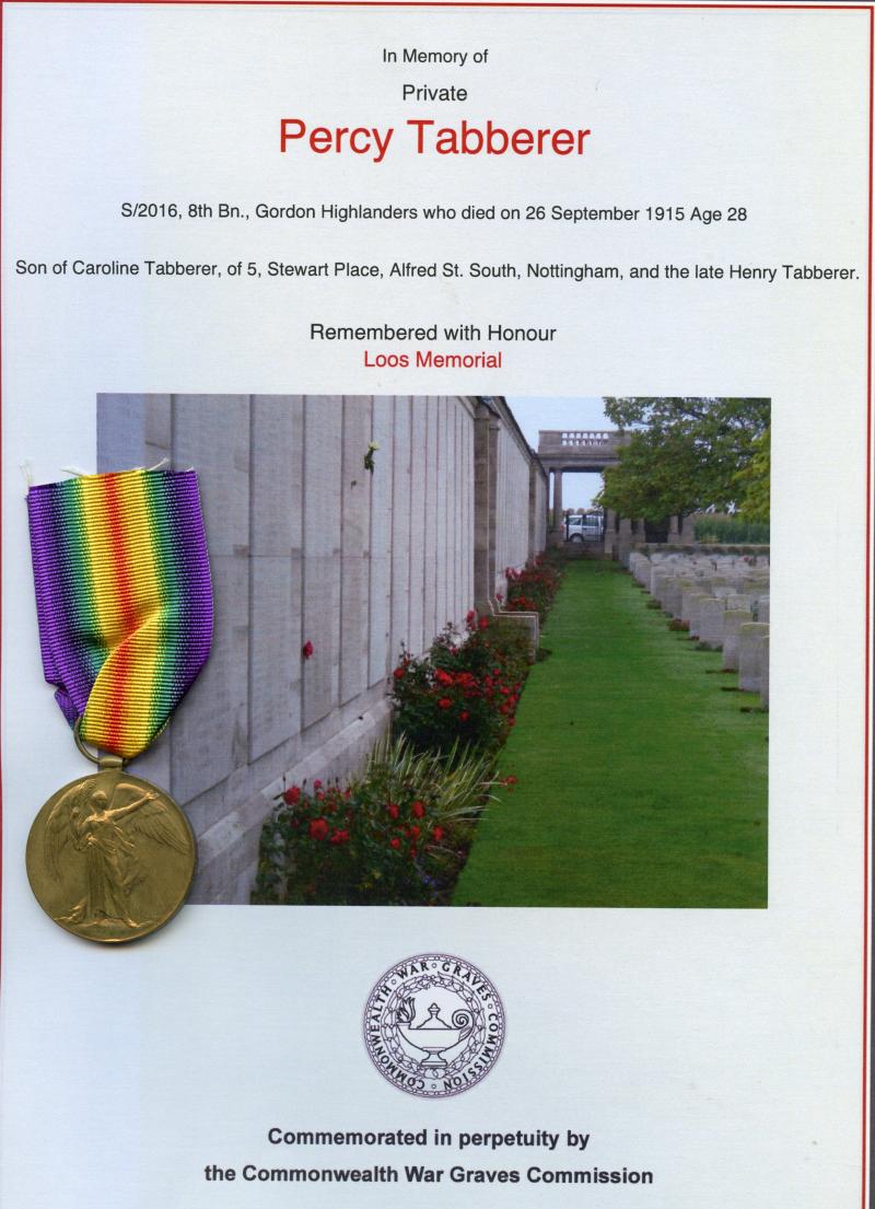 WW1 Victory Medal 1914-1919 To Pte Percy Tabberer, 8th Bn., Gordon Highlanders