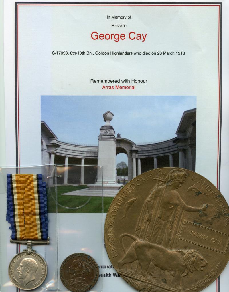 WW1 British War Medal 1914-18 & Memorial Plaque To Pte George Cay,  8th/10th Bn., Gordon Highlanders