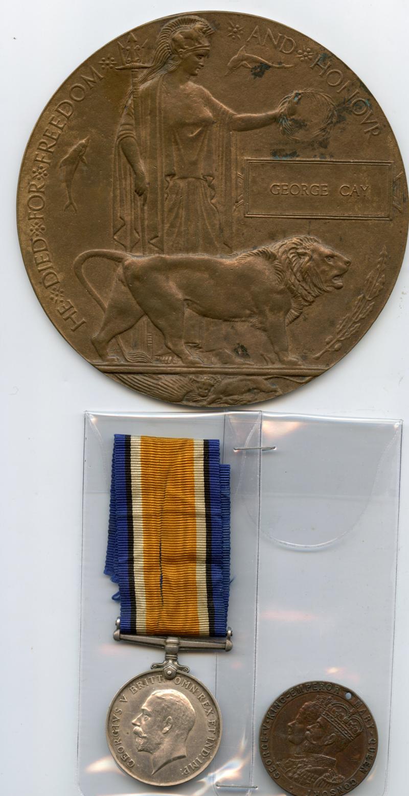WW1 British War Medal 1914-18 & Memorial Plaque To Pte George Cay, 8th/10th Bn., Gordon Highlanders