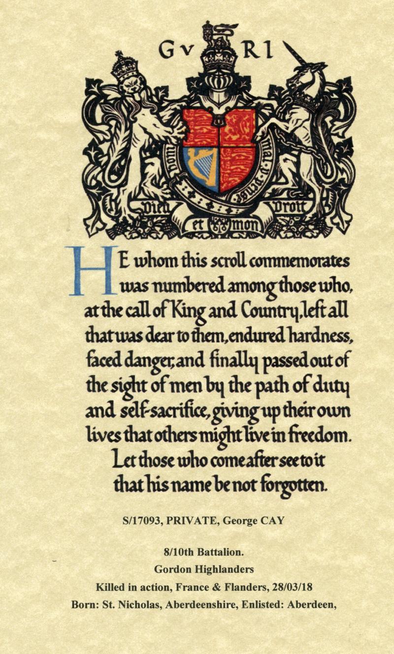 WW1 British War Medal 1914-18 & Memorial Plaque To Pte George Cay, 8th/10th Bn., Gordon Highlanders