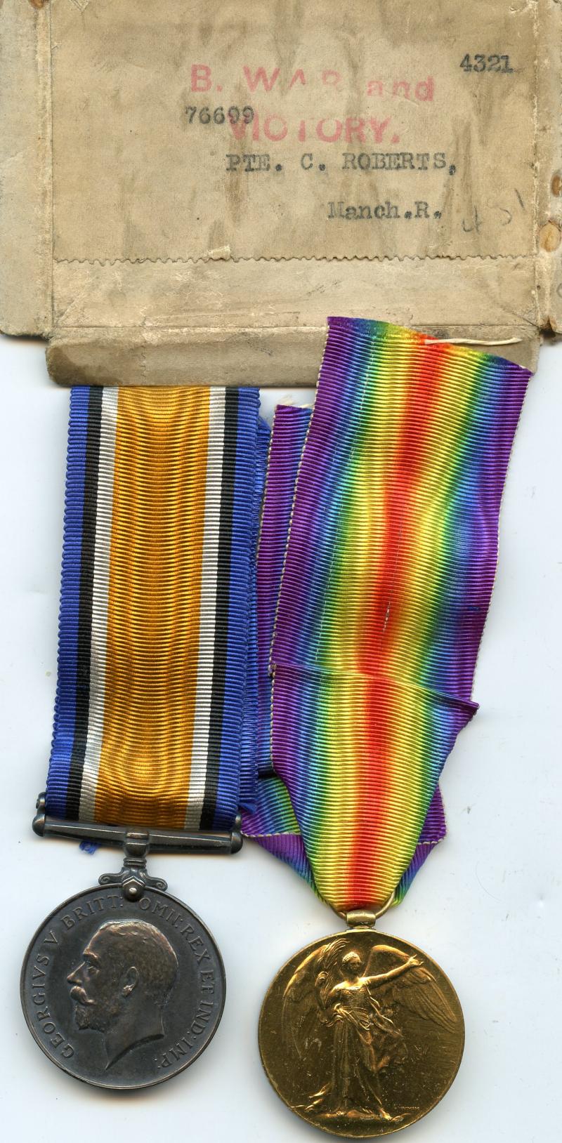 WW1 British War & Victory Medals Pair To Pte Christmas Roberts, Manchester Regiment