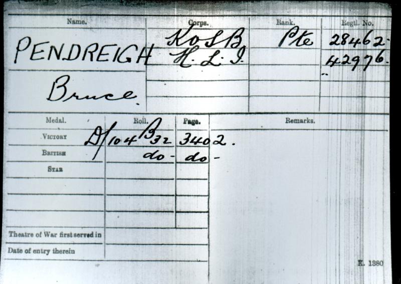 WW1 British War & Victory Medals Pair To Pte Bruce Pendreigh, Kings Own Scottish Borderers & Highland Light Infantry