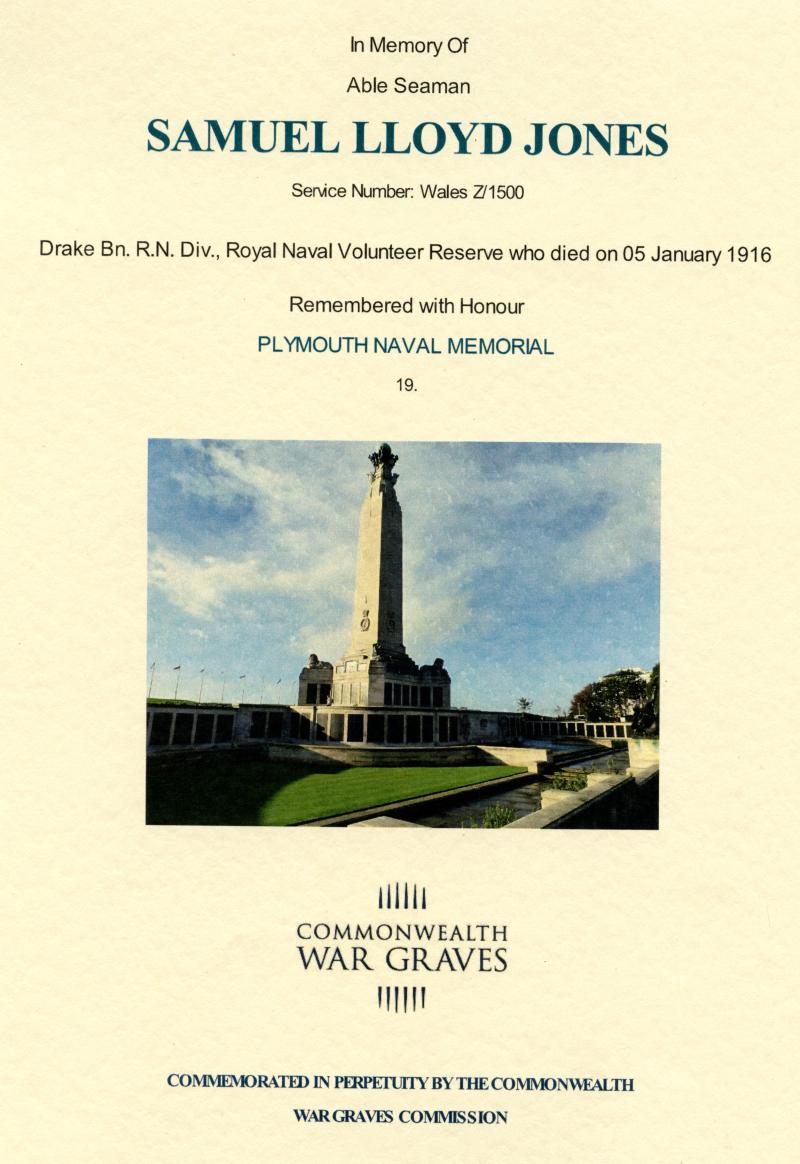 WW1 1914-15 Trio & Memorial Medal Plaque Group To Able Seaman Samuel Lloyd Jones, Drake Battalion Royal Naval Volunteer Reserve