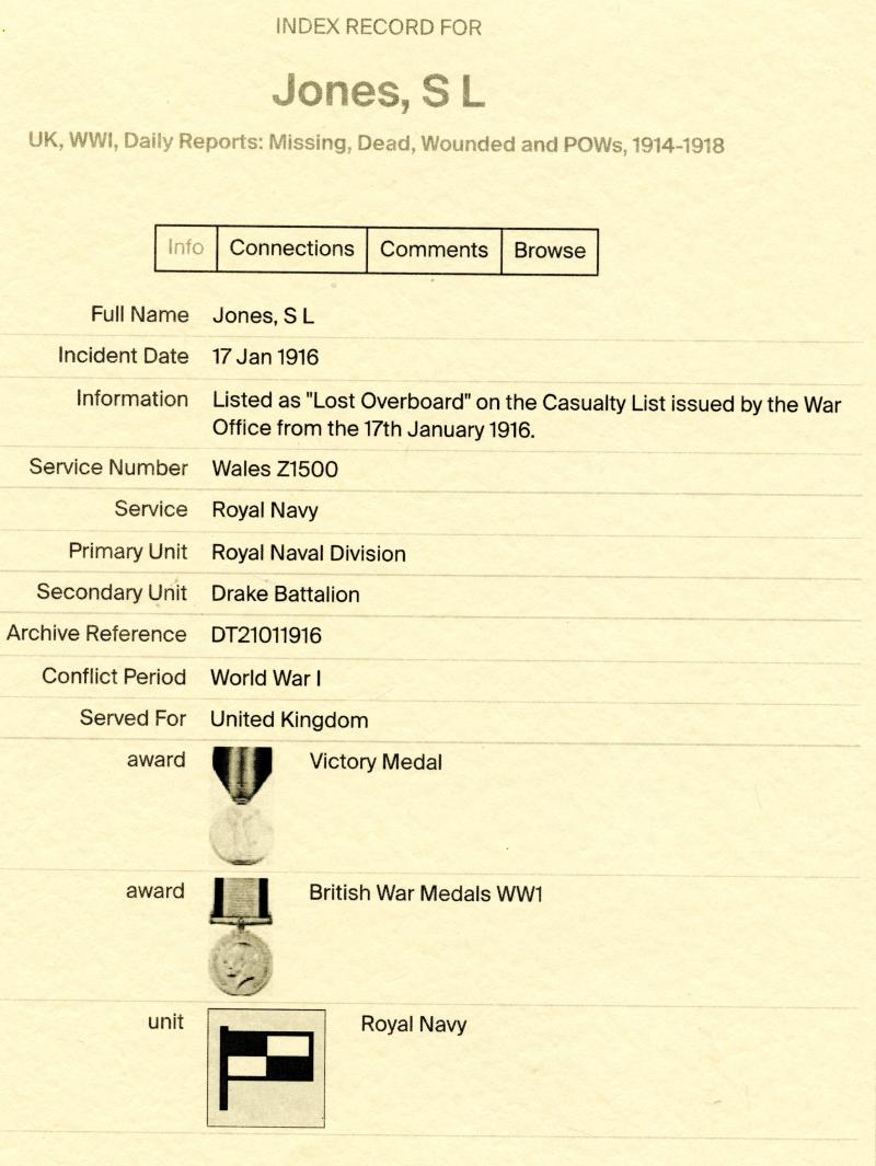 WW1 1914-15 Trio & Memorial Medal Plaque Group To Able Seaman Samuel Lloyd Jones, Drake Battalion Royal Naval Volunteer Reserve