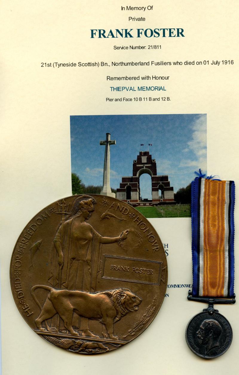WW1 British War Medal 1914-18 & Memorial Plaque To Pte Frank Foster,  21st (Tyneside Scottish) Bn., Northumberland Fusiliers