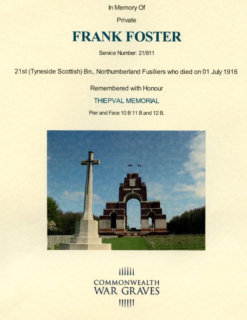 WW1 British War Medal 1914-18 & Memorial Plaque To Pte Frank Foster, 21st (Tyneside Scottish) Bn., Northumberland Fusiliers