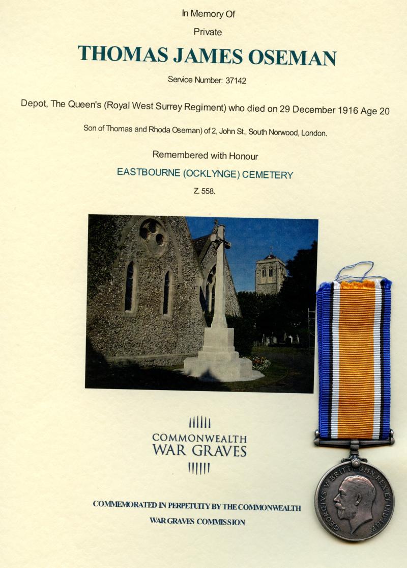 WW1 British War Medal 1914-18 To Pte Thomas James Oseman,  The Queen's (Royal West Surrey Regiment)