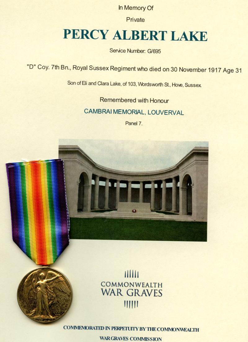 Victory Medal 1914-19 To Pte Percy Albert Lake