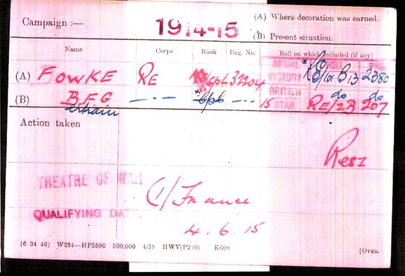 WW1 1914-15 Trio World War One Medals To Cpl Bertram Fowke, Motor Cyclist section Royal Engineers