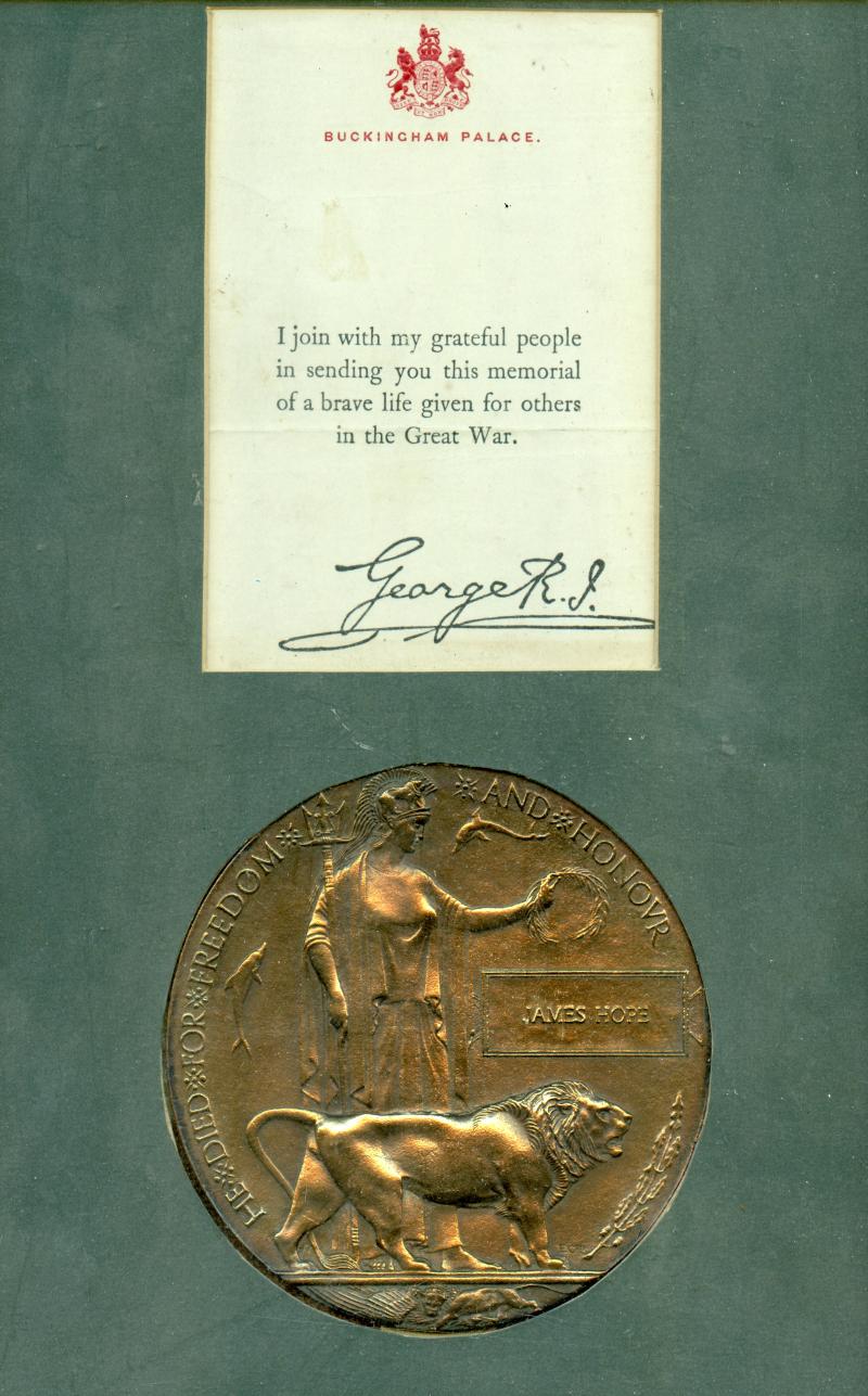WW1 Memorial Plaque with Scroll & Buckingham Palace Scroll to Pte James Hope, 2nd Bn., Royal Scots Fusiliers