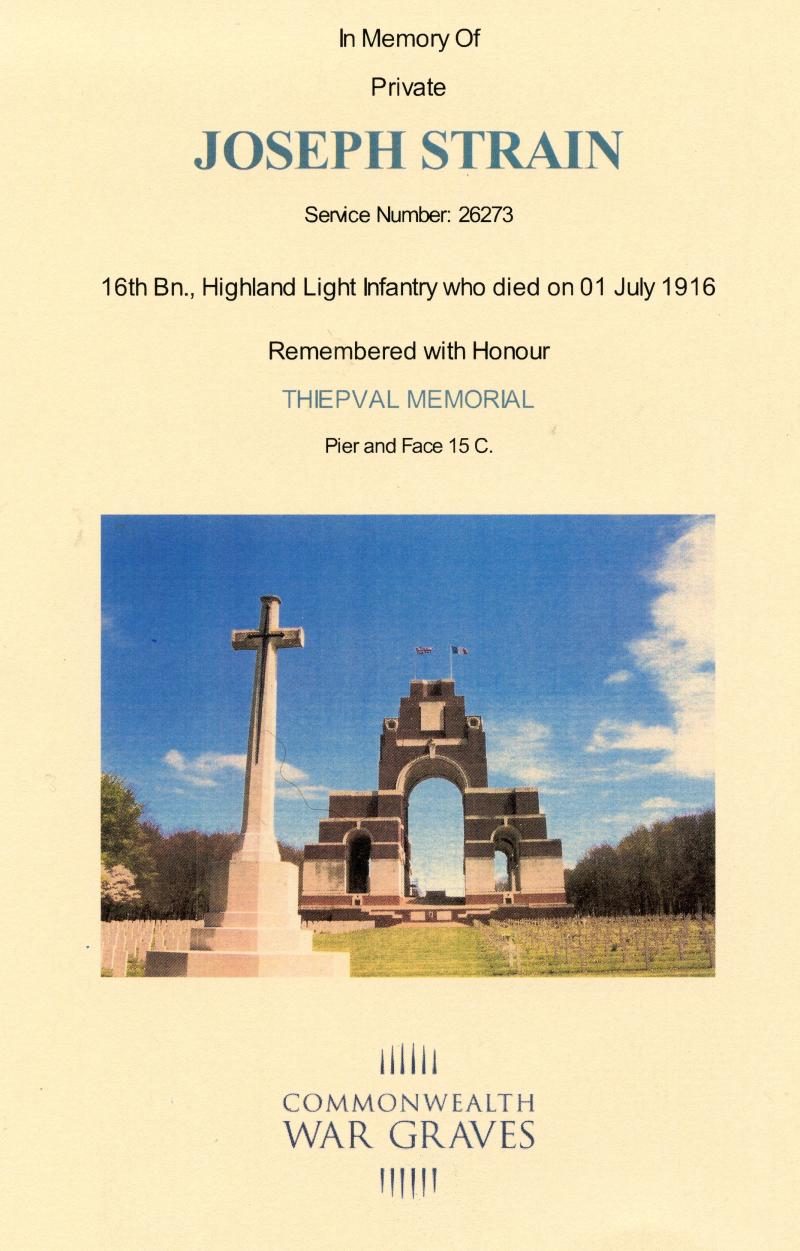 WW1 Memorial Plaque To Joseph Strain ( 2 men listed 1st Day Somme 16th HLI & Oct 1916 Royal Scots