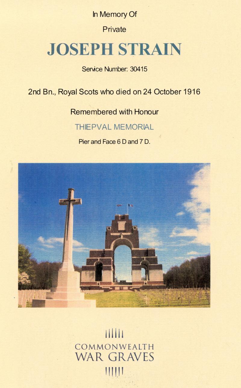 WW1 Memorial Plaque To Joseph Strain ( 2 men listed 1st Day Somme 16th HLI & Oct 1916 Royal Scots