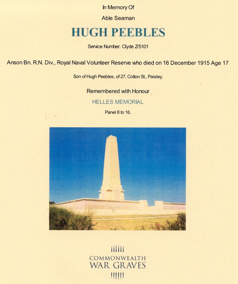WW1 Memorial Plaque To Hugh Peebles. Royal Naval Division & Highland Light Infantry