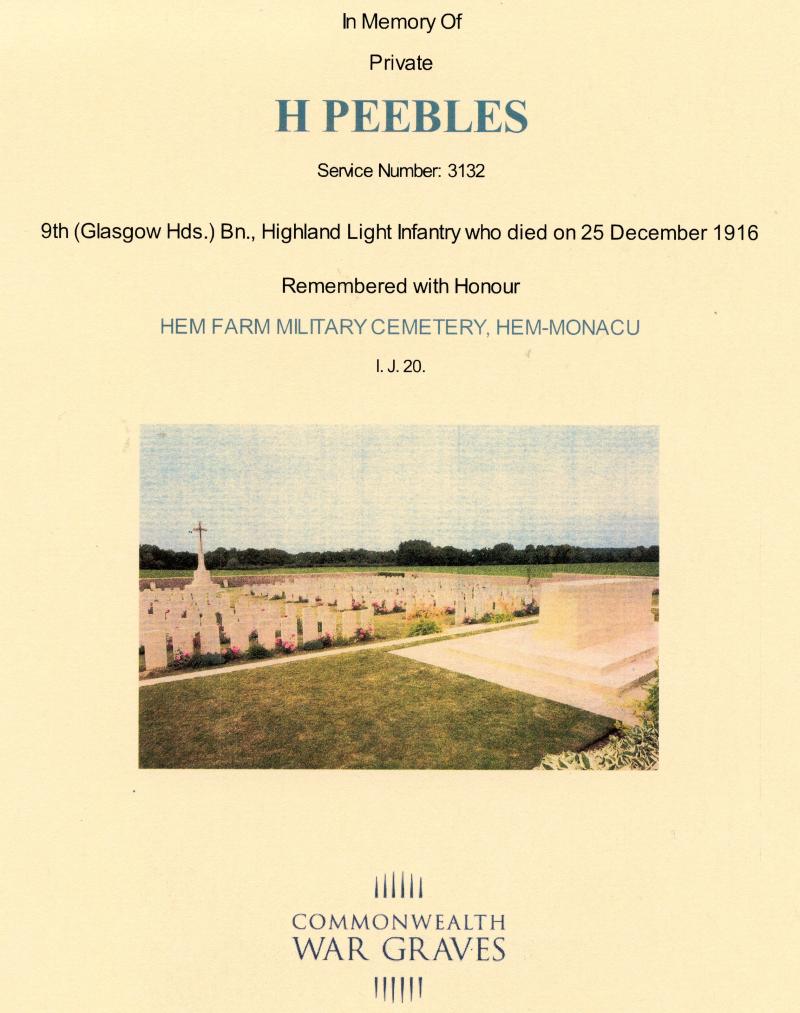WW1 Memorial Plaque To Hugh Peebles. Royal Naval Division & Highland Light Infantry