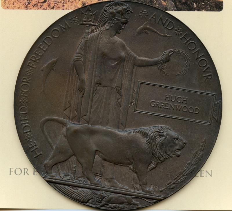 WW1 Memorial Plaque To Hugh Greenwood, 47th Bty. 1st Bde., Royal Field Artillery