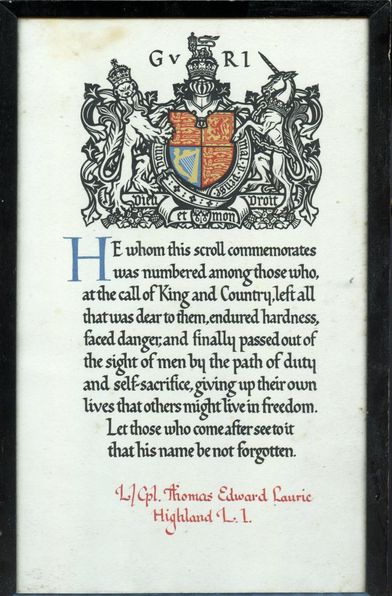 WW1 Framed Memorial Scroll & Buckingham Palace Memorial scroll to L/Cpl Thomas Edward Laurie, 9th (Glasgow Hds.) Bn., Highland Light Infantry