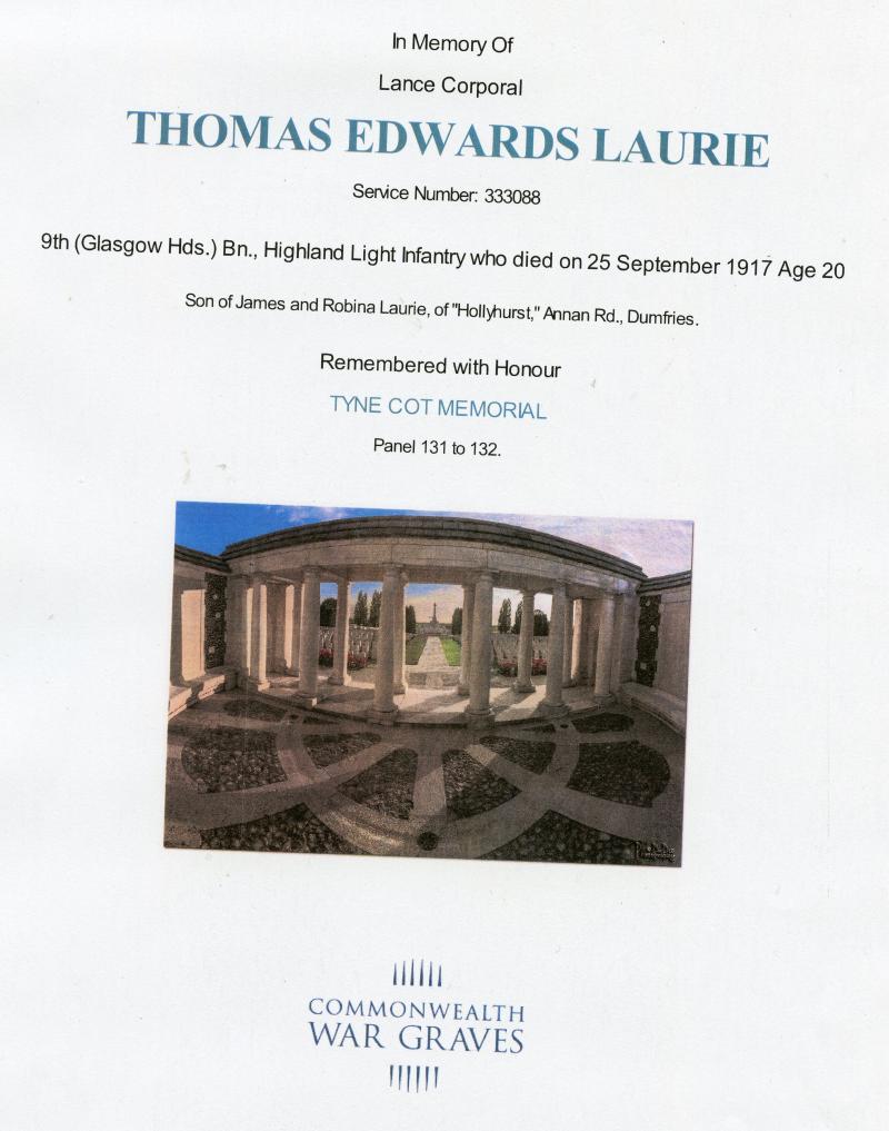 WW1 Framed Memorial Scroll & Buckingham Palace Memorial scroll to L/Cpl Thomas Edward Laurie, 9th (Glasgow Hds.) Bn., Highland Light Infantry