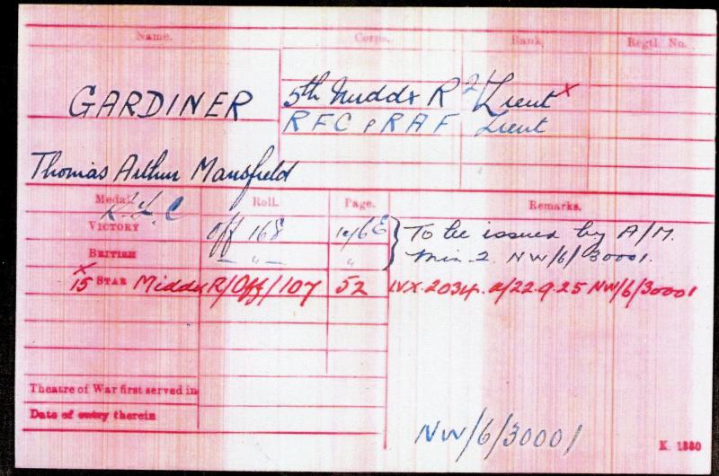 WW1 1914-15 Star To Lieut Thomas Arthur Mansfield Gardiner, Middlesex Regt , Royal Flying Corps & RAF