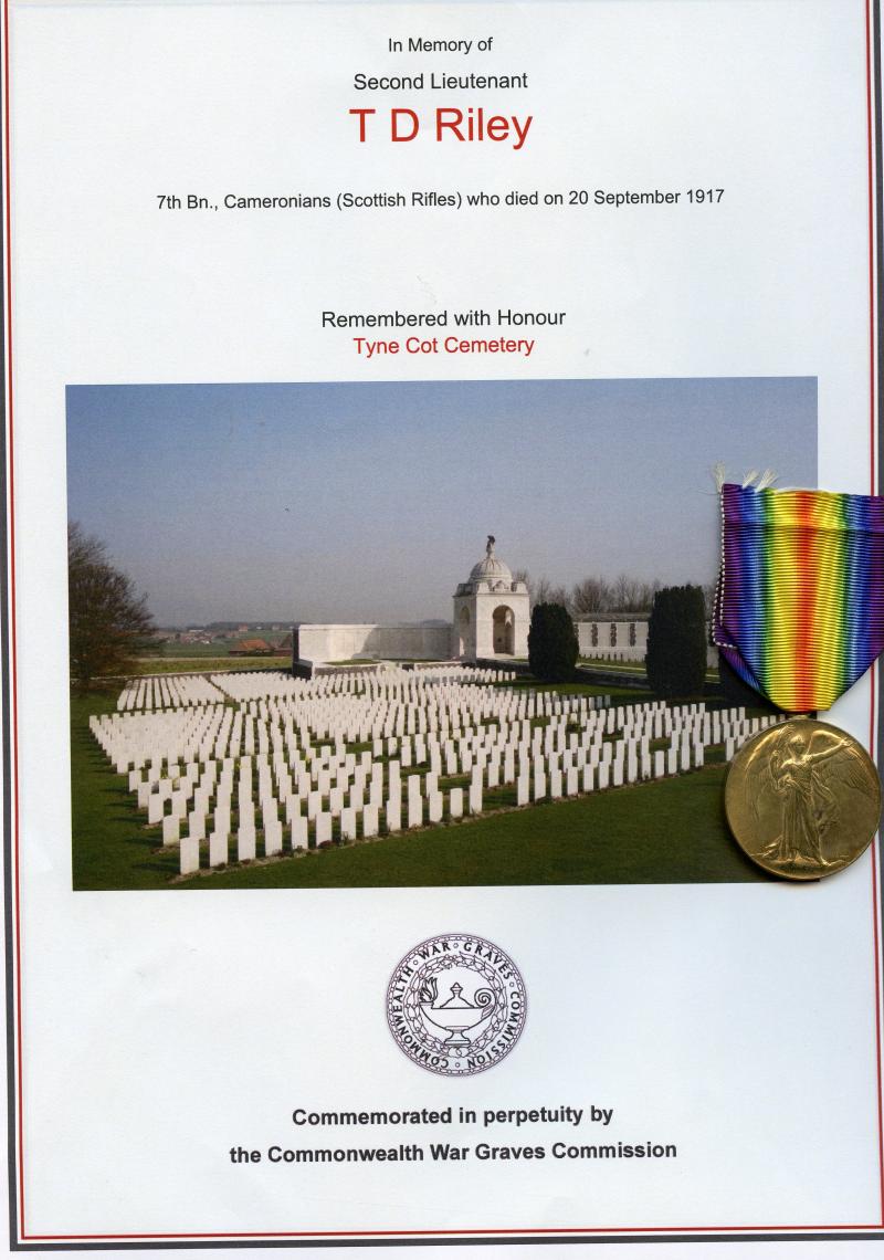 WW1 Victory Medal 1914-1919 To 2 Lieutenant Thomas Dickinson Riley, 7th Bn., Cameronians (Scottish Rifles)