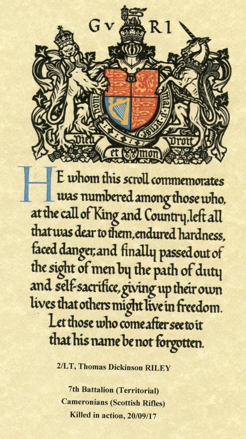 WW1 Victory Medal 1914-1919 To 2 Lieutenant Thomas Dickinson Riley, 7th Bn., Cameronians (Scottish Rifles)