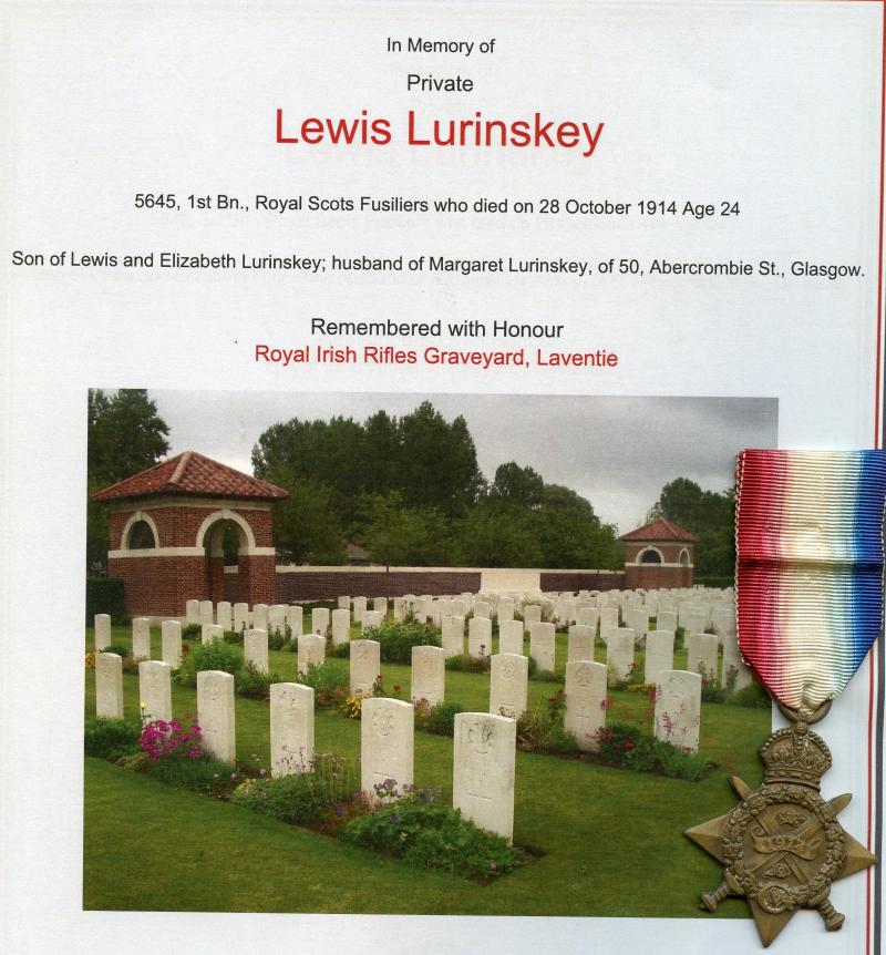 WW1 1914 Mons Star To Pte Lewis Lurinskey, 1st Bn., Royal Scots Fusiliers