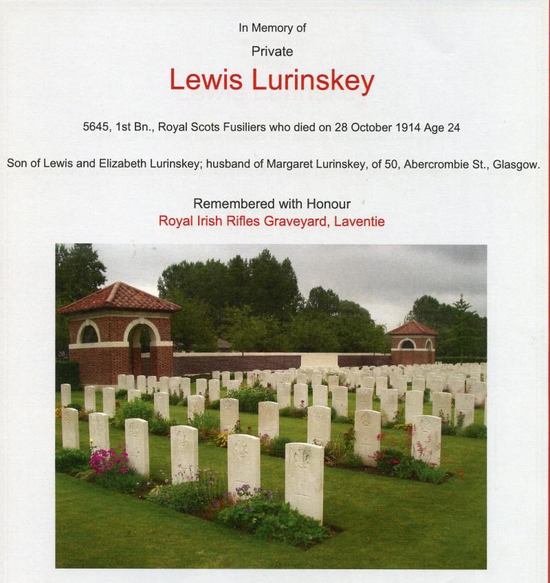 WW1 1914 Mons Star To Pte Lewis Lurinskey, 1st Bn., Royal Scots Fusiliers