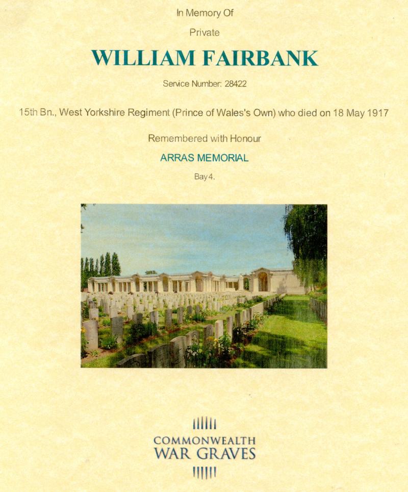 WW1 Memorial Plaque To William Fairbank 15th Bn., West Yorkshire Regiment