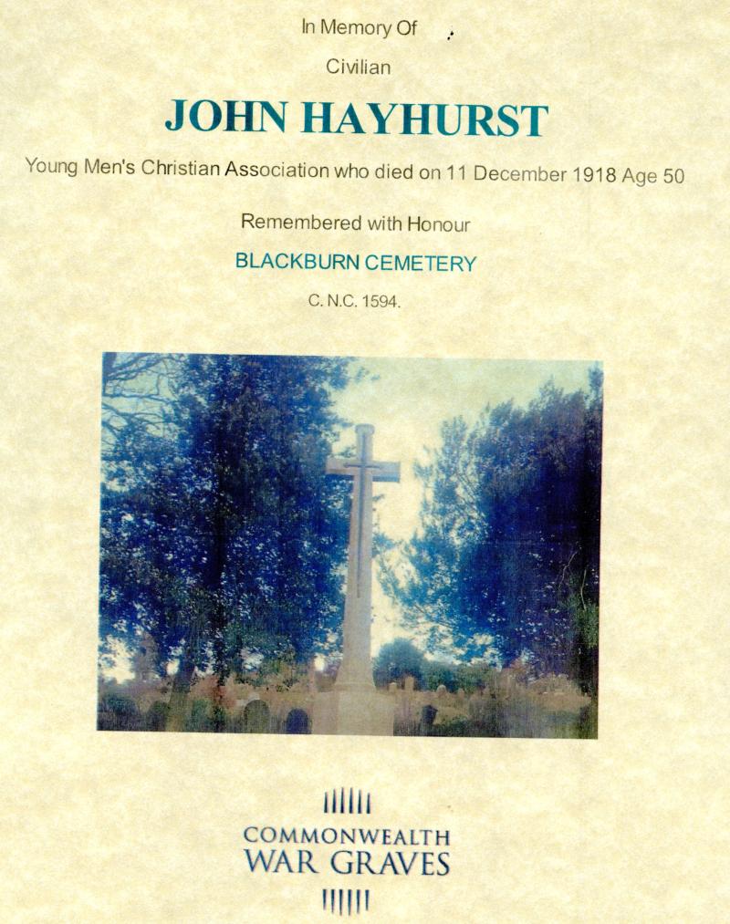 WW1 Memorial Plaque To John Hayhurst 1 of 5 including Young Men's Christian Association